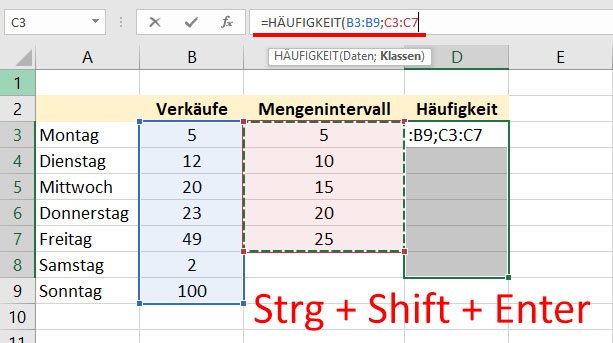 Die Ausgabezellen sind markiert, die Formel ist oben eingegeben. Nun noch Strg + Shift + Enter drücken.