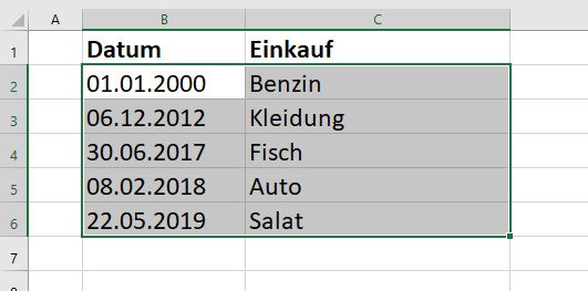 Die Spalte „Einkauf“ lässt sich ebenfalls auswählen und wurde hier auch nach den angrenzenden Datumswerten sortiert.