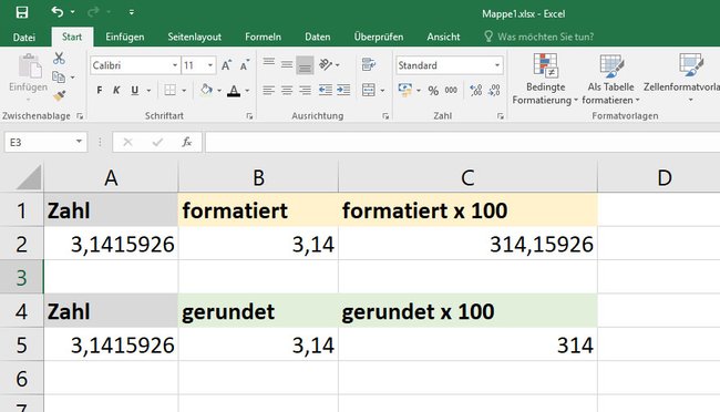 Unterschied: Bei Rechnungen mit gerundeten Zahlen, werden die ursprünglichen Nachkommastellen nicht mehr angezeigt.