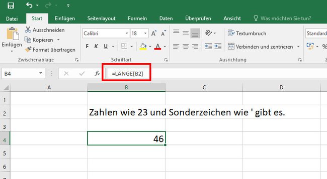 Excel zählt alle Zeichen in einer Zelle inklusive Buchstaben, Sonderzeichen und Zahlen.