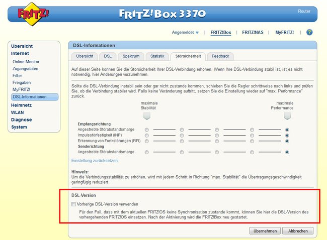 Fritzbox: Hier aktiviert ihr, die vorherige DSL-Version zu nutzen. Bild: GIGA