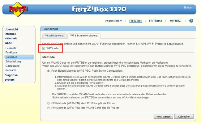 Fritzbox: Hier könnt ihr WPS deaktivieren.