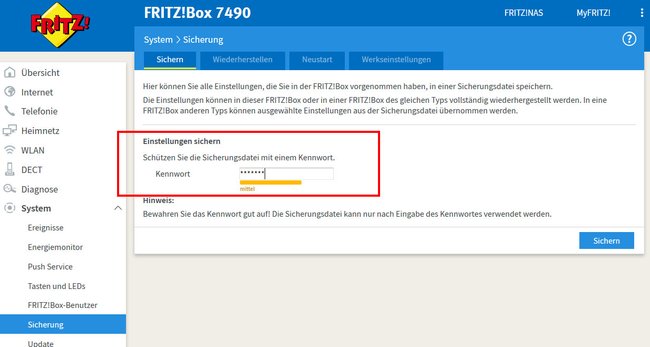 Bevor ihr einen Reset der Fritzbox 7490 durchführt, solltet ihr eure Einstellungen sichern. (Bildquelle: GIGA)