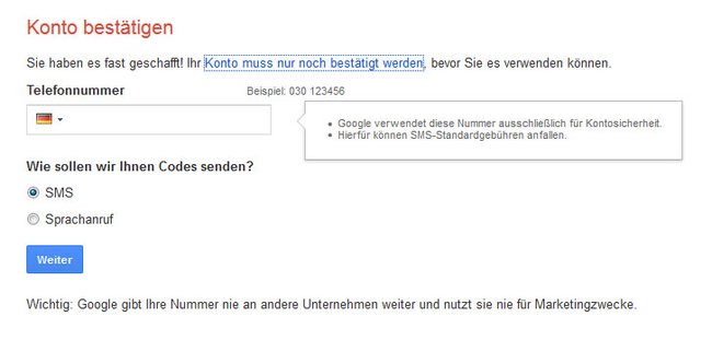 Das neue Gmail-Konto muss erst per Telefonnummer bestätigt werden.