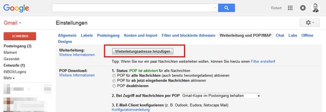Hier aktiviert ihr die Gmail-Weiterleitung.