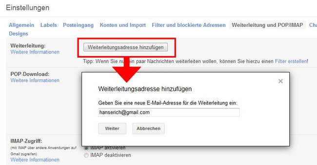 Gmail: Fügt hier die Weiterleitungsadresse hinzu.