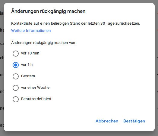 Hier wählt ihr den Zeitpunkt aus, von dem eure Google-Kontakte wiederhergestellt werden sollen. Bild: GIGA