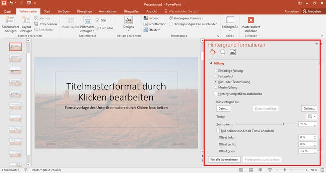 In PowerPoint könnt ihr im Folienmaster ein Wasserzeichen als Hintergrund hinzufügen.