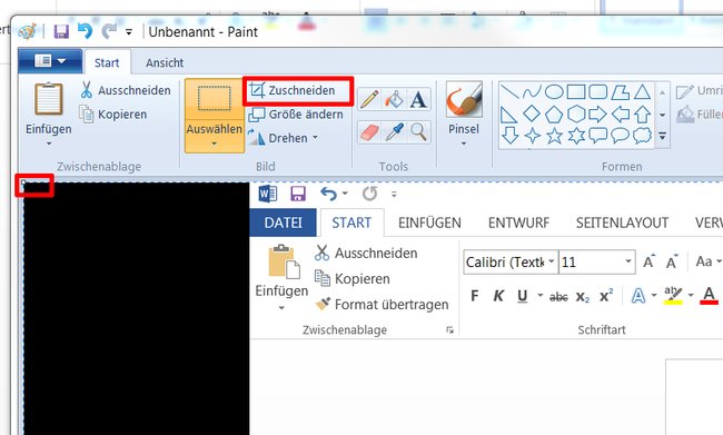 In dem mitgelieferten Windows-Programm Paint lassen sich angefertigte Screenshots einfügen, (rudimentär) bearbeiten und anschließend abspeichern.