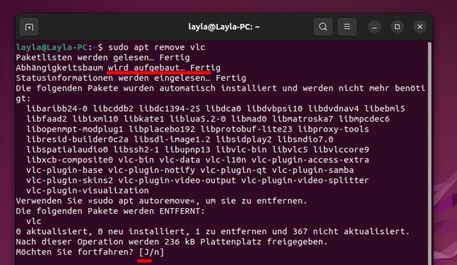 So deinstalliert ihr das Programm „VLC“ in Ubuntu per Terminal. (Bildquelle: GIGA)