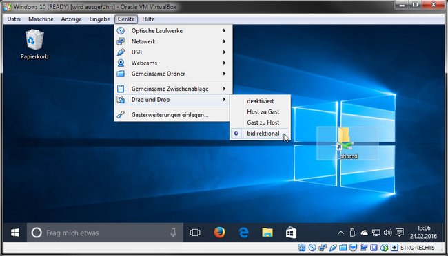 Virtualbox: Hier richtet ihr Drag and Drop für die virtuelle Maschine (Gast) ein.