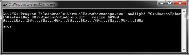 CMD: Der Befehl vergrößert bei uns die virtuelle Festplatte aus Virtualbox auf 40 GB.