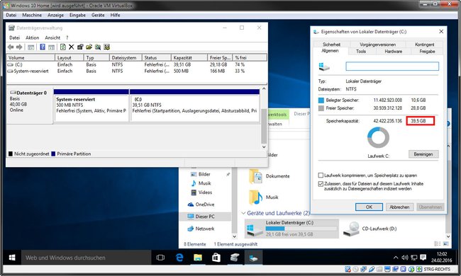 Virtuelle Maschine: Windows kann jetzt den neuen Speicher der vergrößerten Festplatte nutzen.