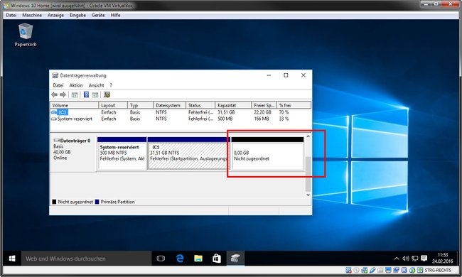Virtualbox: Der nicht zugeordnete Speicher muss erst dem Laufwerk C zugerechnet werden.