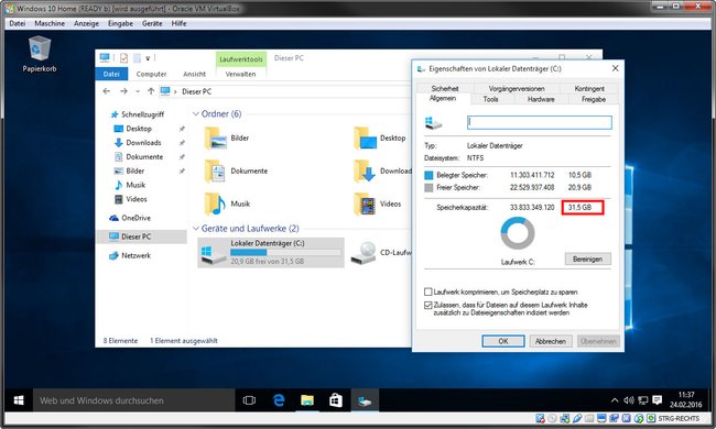 Virtualbox: Die virtuelle Windows-Maschine zeigt die vergrößerte Festplatte noch nicht an.