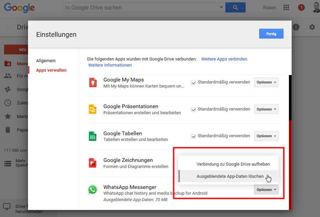 Google Drive: Hier löscht ihr das WhatsApp-Backup.