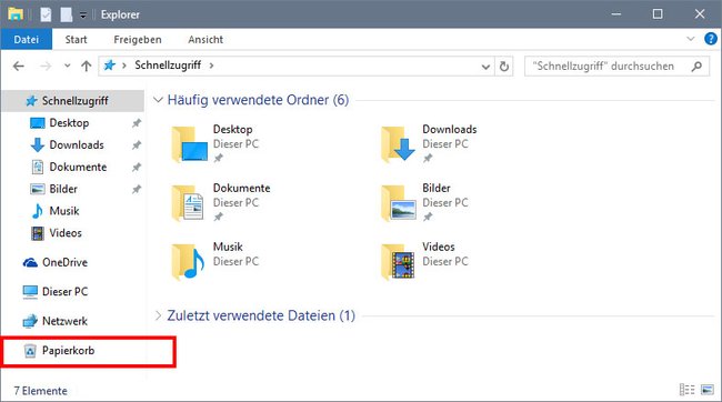 Windows 10: Der Papierkorb wird im Explorer angezeigt.