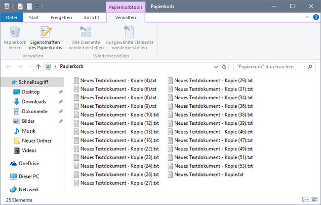 Der Papierkorb wurde schon geleert. Windows 10 zeigt irrtümlich trotzdem noch Dateien an.