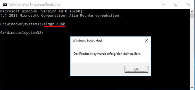 So deinstalliert ihr den Product Key und deaktiviert Windows 10.