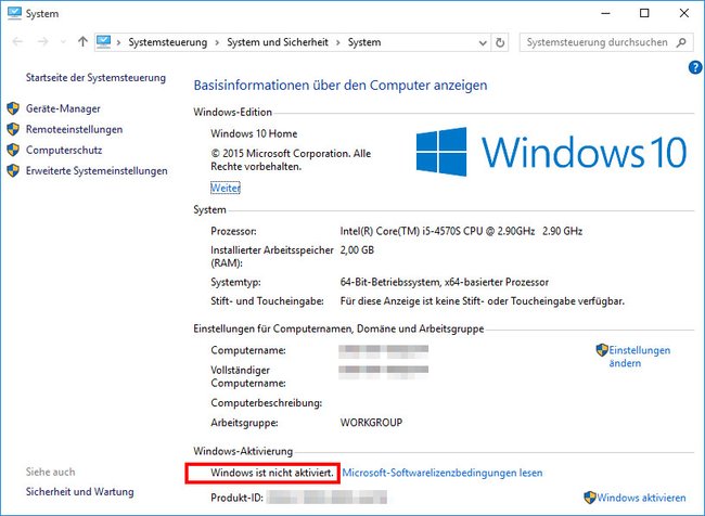 Windows 10: Das System-Fenster zeigt, dass das Betriebssystem deaktiviert ist.