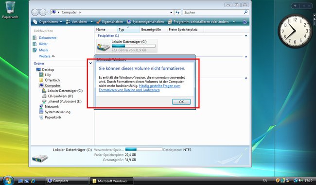 Windows Vista kann nicht die Festplatte formatieren, auf der es selbst ausgeführt wird.