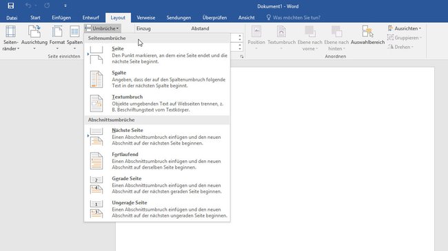 Word 2016: Hier fügt ihr Umbrüche ein.