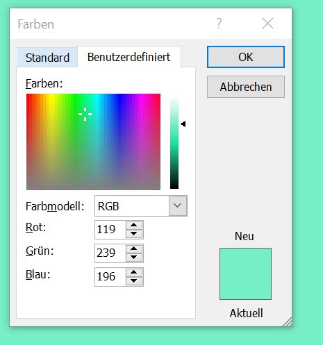 Klickt ihr auf Weitere Farben, könnt ihr den gewünschten Farbton exakt über das RGB-Modell festlegen.
