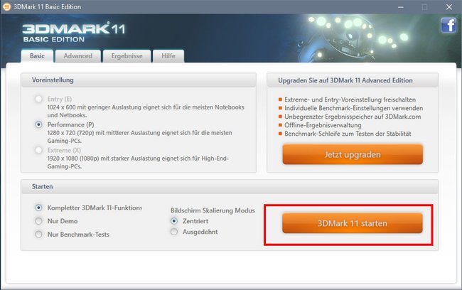 3DMark 11: Hier startet ihr den Benchmark.