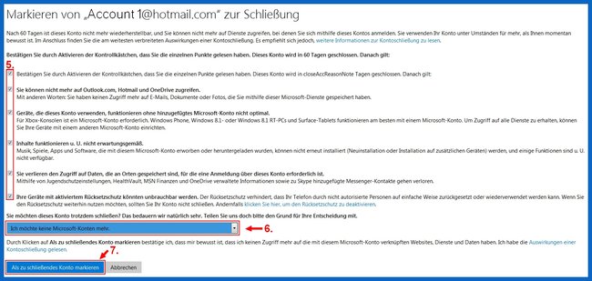 Hotmail Konto Löschen Als zu schließendes Konto markieren