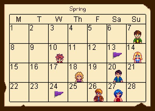 Stardew-Valley-Kalender: Im Frühling haben relativ wenig Leute Geburtstag.