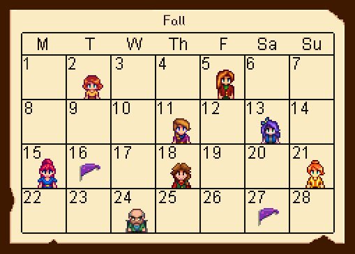 Stardew Valley: Der Geburtstagskalender für Herbst.