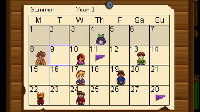 Stardew Valley: Im Kalender stehen die Geburtstage der Bewohner.