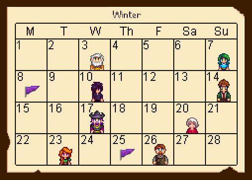 Der Stardew-Valley-Kalender für Winter.