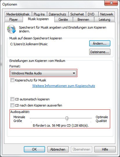 Windows Media Player Optionen Musik kopieren