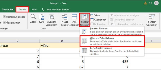 So fixiert ihr die erste Zeile in Excel. Bild: GIGA