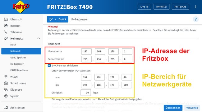 Hier bestimmt ihr die IP der Fritzbox und den IP-Bereich für andere Netzwerkgeräte. (Bildquelle: Screenshot GIGA)