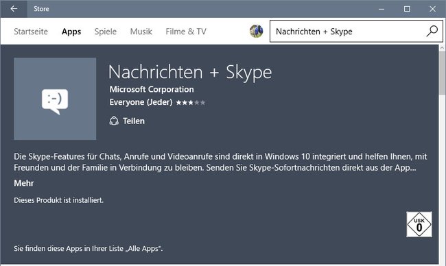 Windows 10 Store: Die App Nachrichten + Skype ist für den Prozess "Skypehost.exe" verantwortlich.