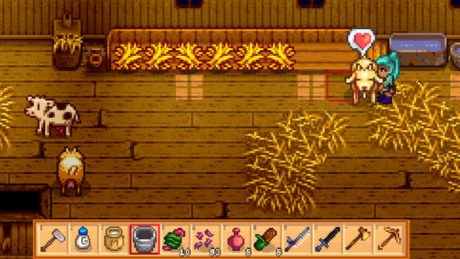 Stardew Valley: Mit dem Werkzeug "Milk Pail" könnt ihr Kuh und Ziege melken.