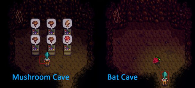 Stardew Valley: Links seht ihr die Mushrooms, rechts die Früchte der Fruit Bats.