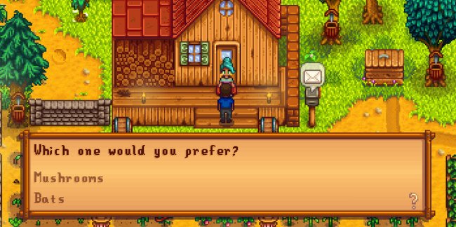 Stardew Valley: Demetrius fragt euch, ob ihr Mushrooms oder Bats im Cave haben wollt.