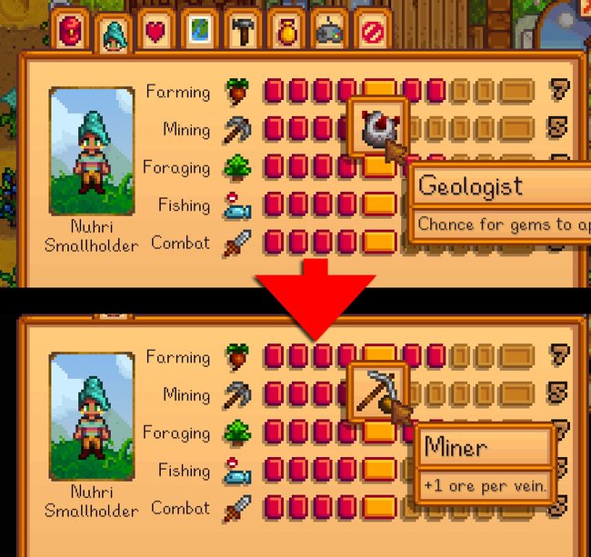 Stardew Valley: Hier haben wir die Profession von "Geologist" auf "Miner" geändert.