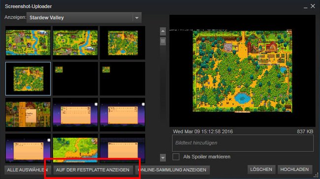 Steam: Klickt hier, um den Screenshot-Ordner von Stardew Valley zu öffnen.