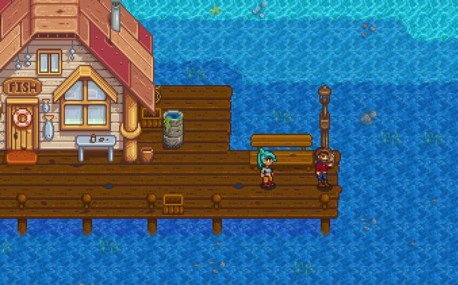 Stardew Valley: Bei Willy bekommt ihr eure erste Angel. Nutzt sie um Fische zu fangen und zu verkaufen. Bildquelle: GIGA