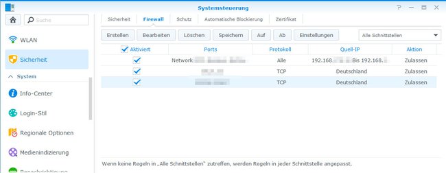 Synology NAS: In der Firewall lässt sich einstellen, welchen IP-Adressen Zugriff gewährt wird.