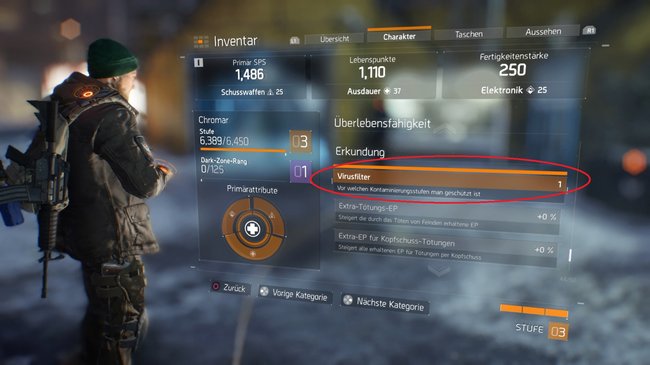 Eure derzeitige Virusfilter-Stufe könnt ihr im Reiter "Charakter" des Inventars unter dem Punkt "Erkundung" einsehen.