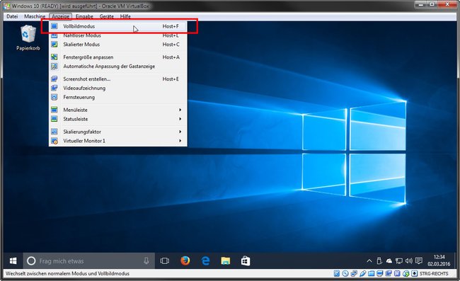 Virtualbox: Über das Menü startet ihr den Fullscreen-Modus.