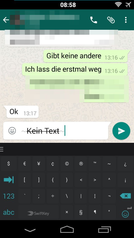 WhatsApp: Mit der Tilde könnt ihr Text schreiben, der durchgestrichen ist.