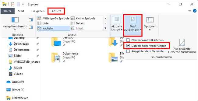 Windows 10: So blendet ihr die Dateinamenerweiterungen ein. Bildquelle: GIGA