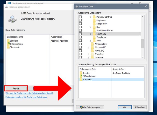 Windows 10: Nehmt den Ordner "Startmenü" in die indizierten Orte auf. (Bildquelle: GIGA)