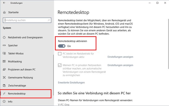 Hier aktiviert ihr die Remote-Desktop-Verbindung in Windows 10. Bild: GIGA
